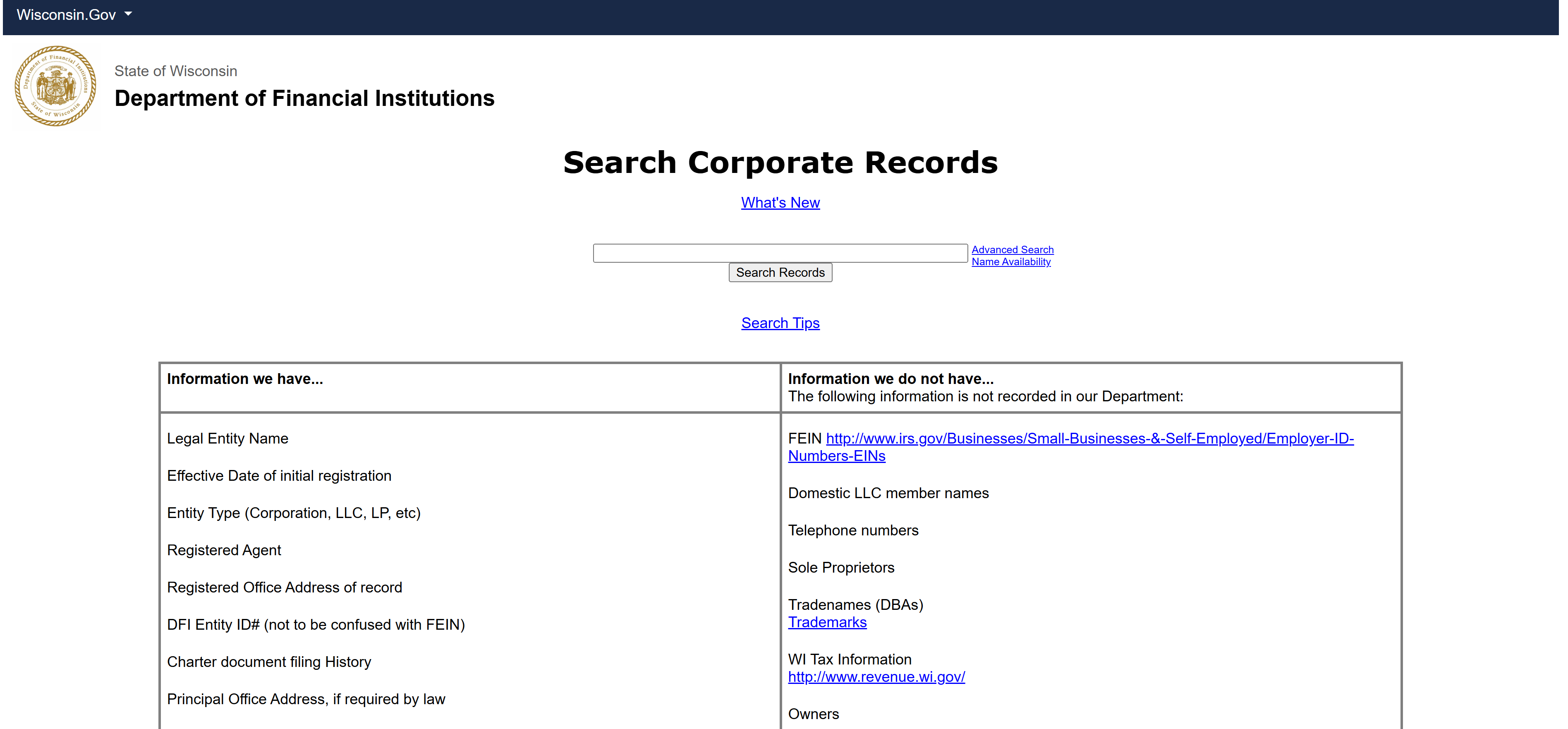 Screenshot of the Wisconsin LLC search portal