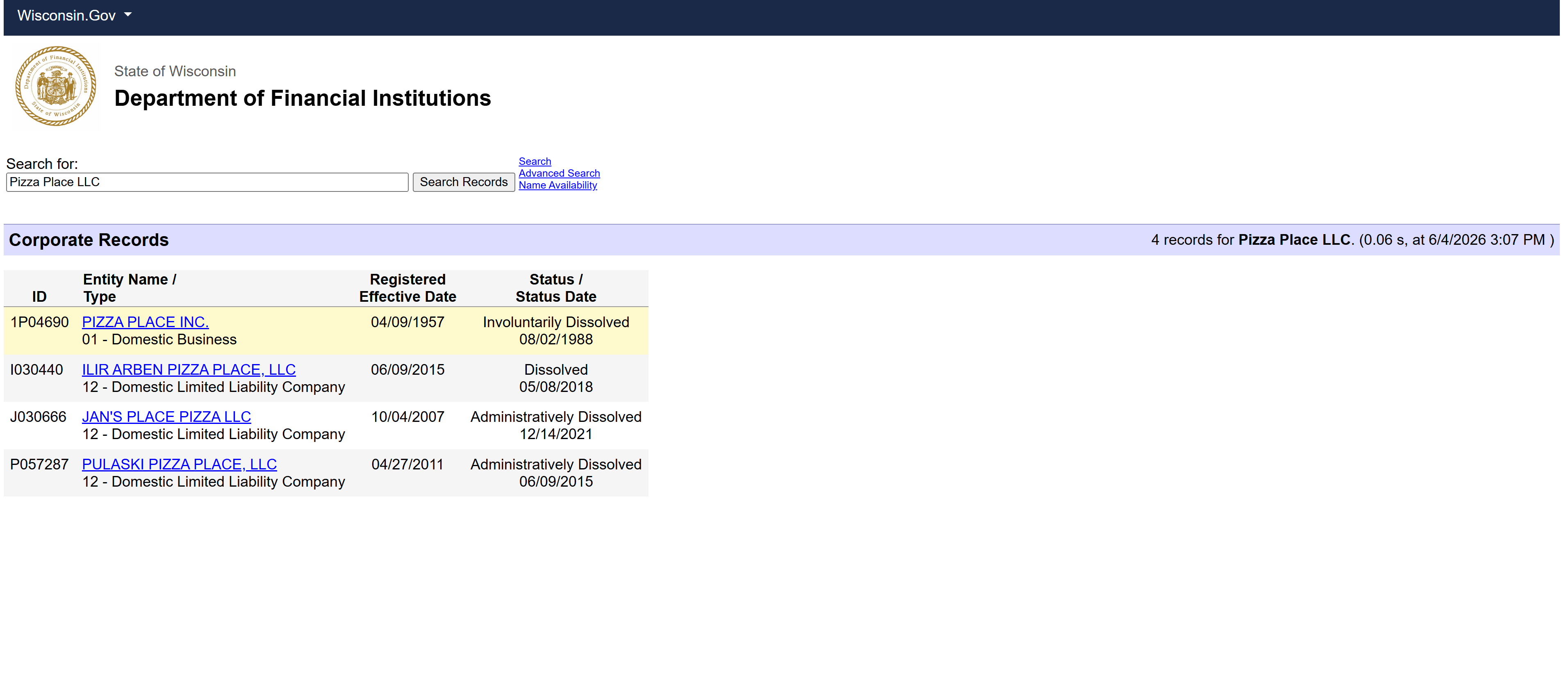 Screenshot of the Wisconsin LLC search portal