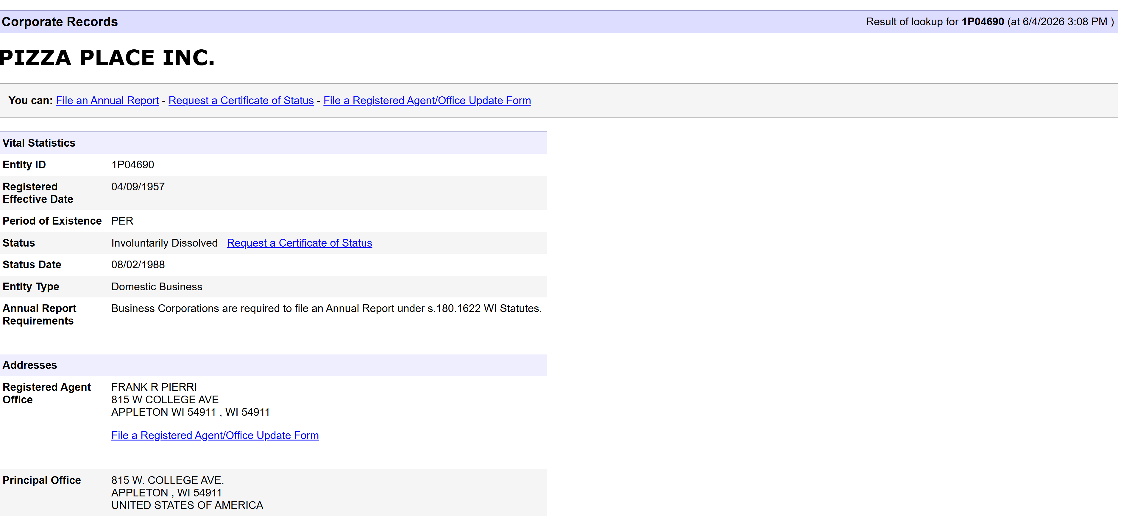 Screenshot of the Wisconsin LLC search portal