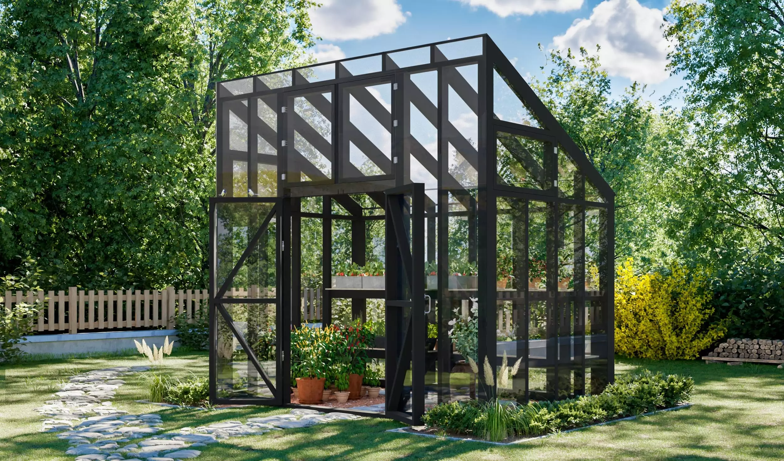 8x12 modern greenhouse with storage shelves 