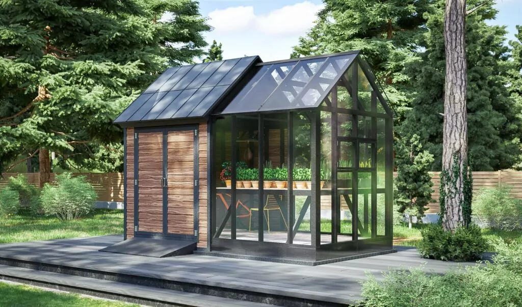 Rustic greenhouse with wood panel design