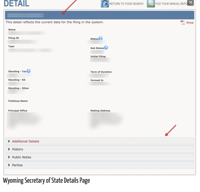 Screenshot of the Wyoming Secretary of State LLC lookup website