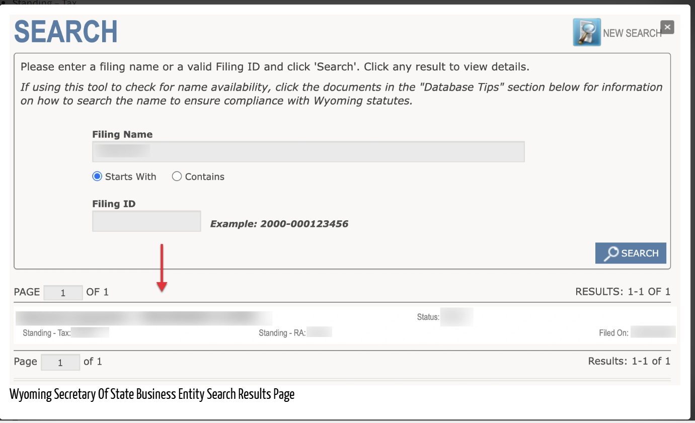 Screenshot of the Wyoming Secretary of State LLC lookup website