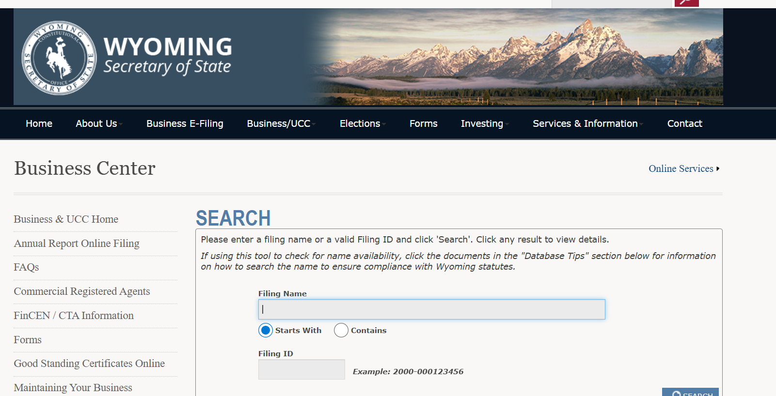Screenshot of the Wyoming Secretary of State LLC lookup website