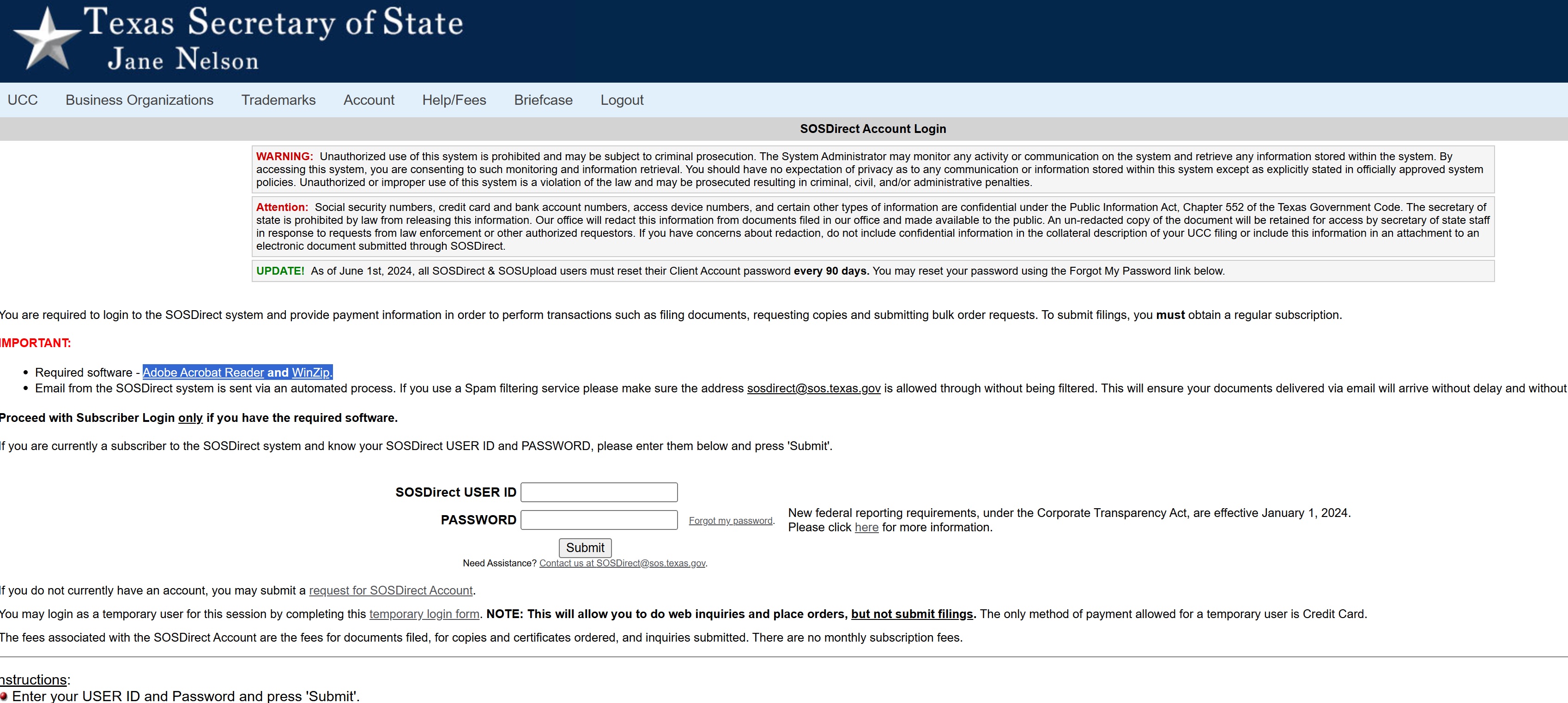Screenshot of the TexasSOSDirect website sign-up page