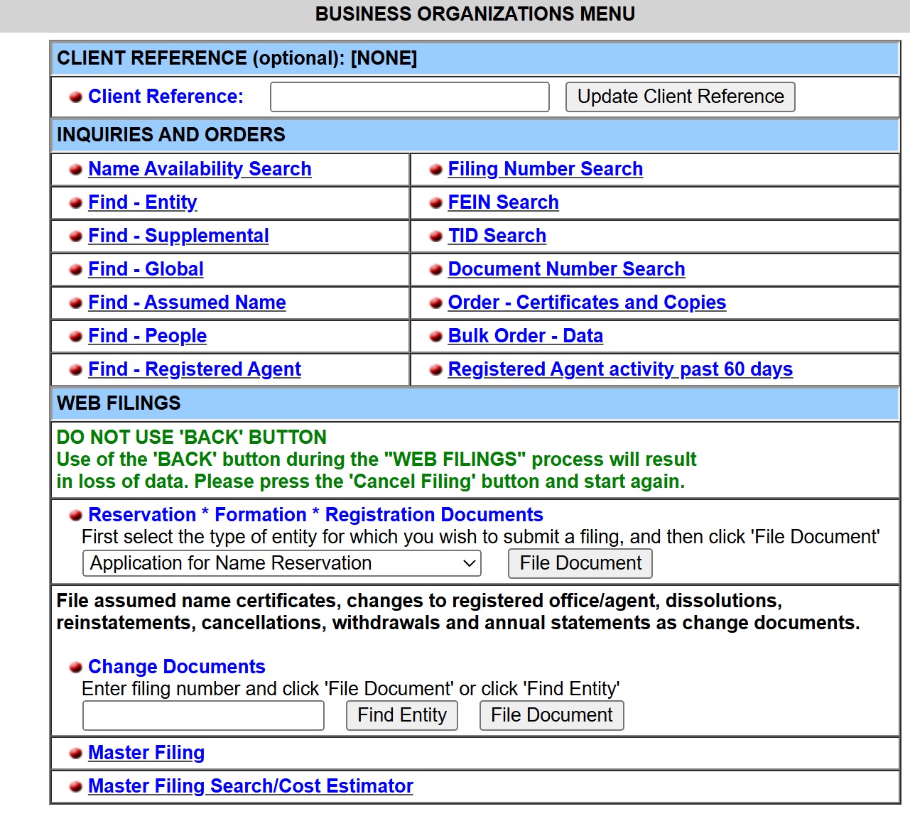 Screenshot of the TexasSOSDirect website client reference page