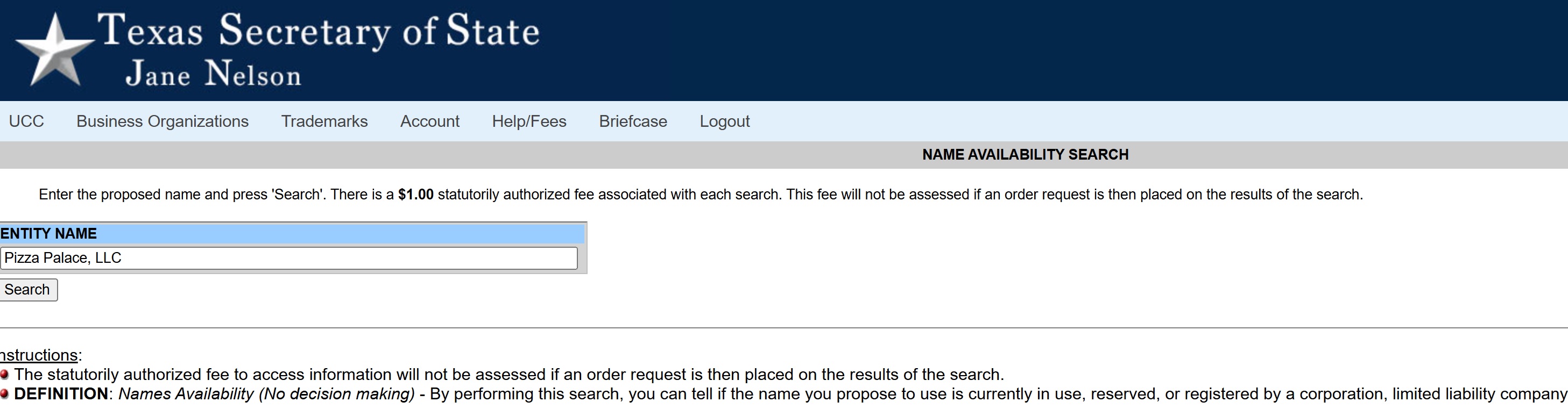 Screenshot of the TexasSOSDirect website name availability search