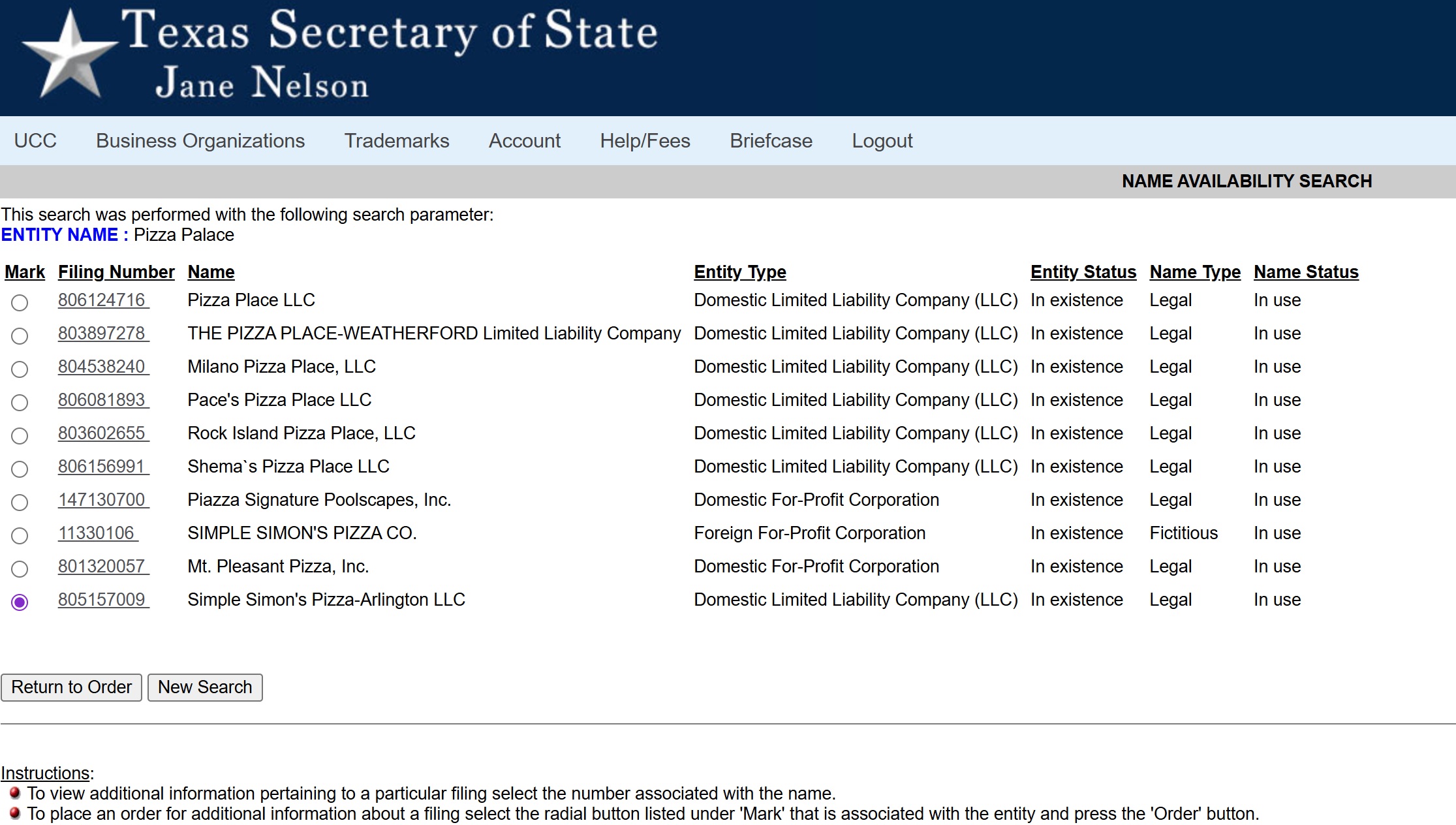 Screenshot of the TexasSOSDirect website search showing results after an LLC lookup