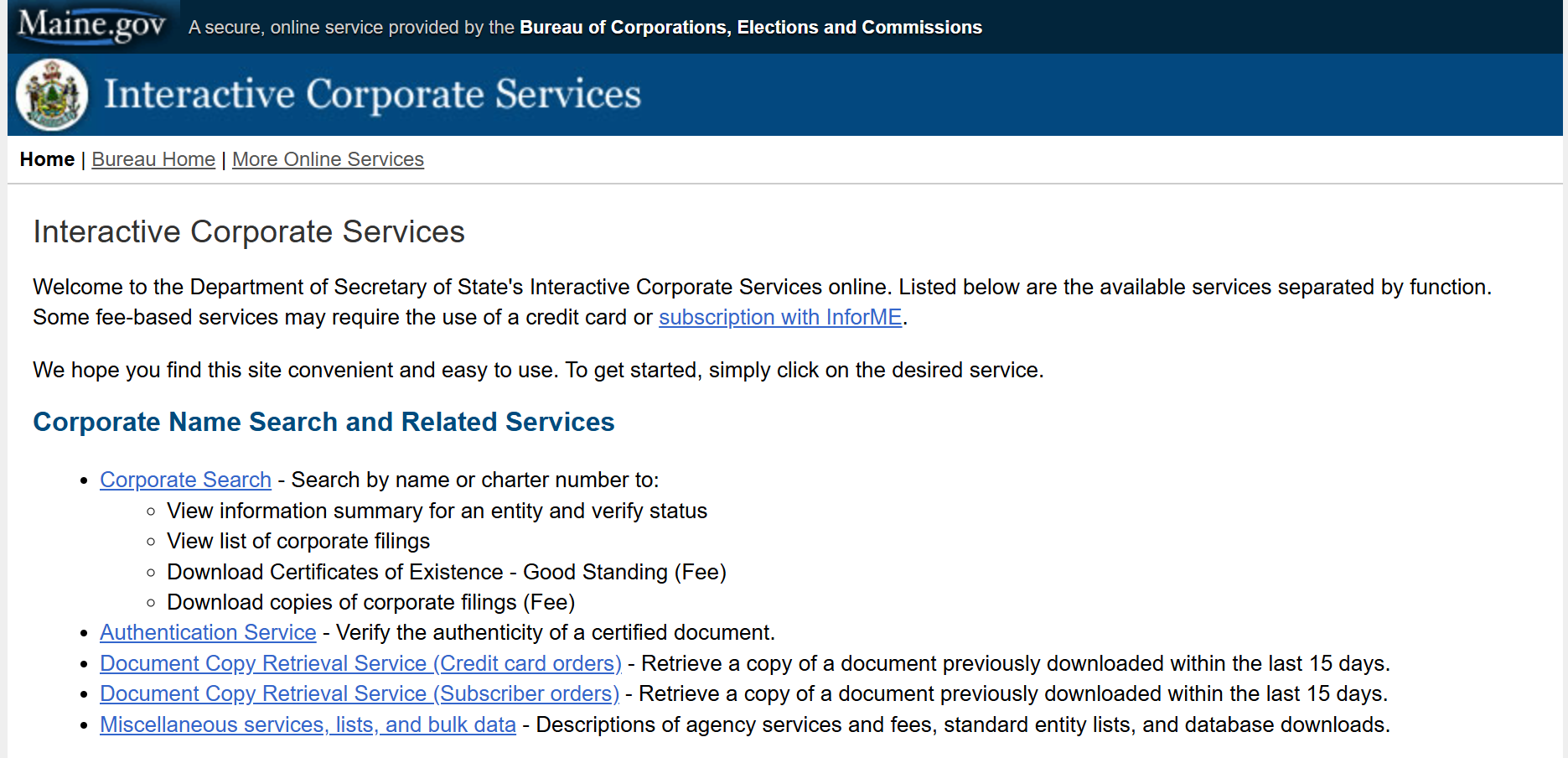 A screenshot of Maine's Department of the Secretary of State Interactive Corporate Services Portal