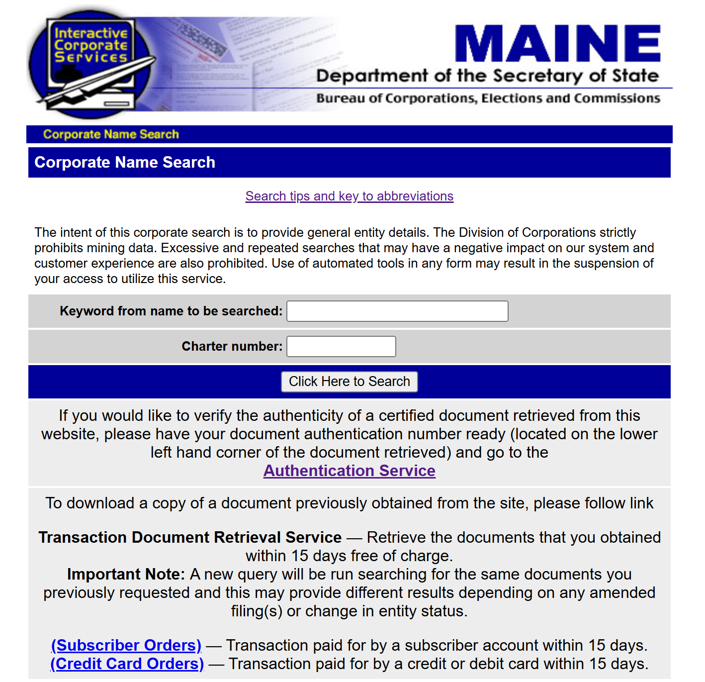 A screenshot of Maine's Department of the Secretary of State Interactive Corporate Services Portal
