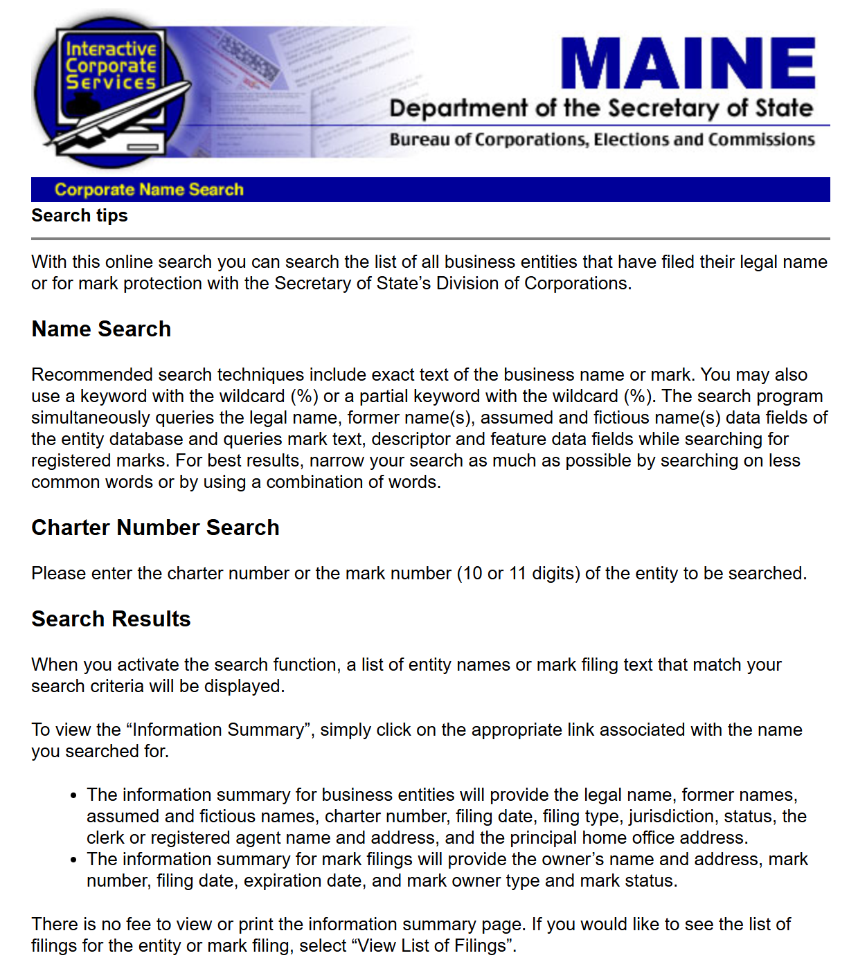 A screenshot of Maine's Department of the Secretary of State Interactive Corporate Services Portal