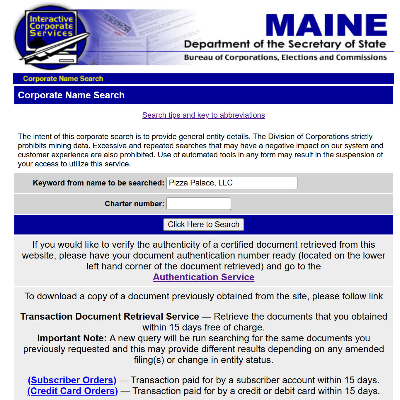 A screenshot of Maine's Department of the Secretary of State Interactive Corporate Services Portal