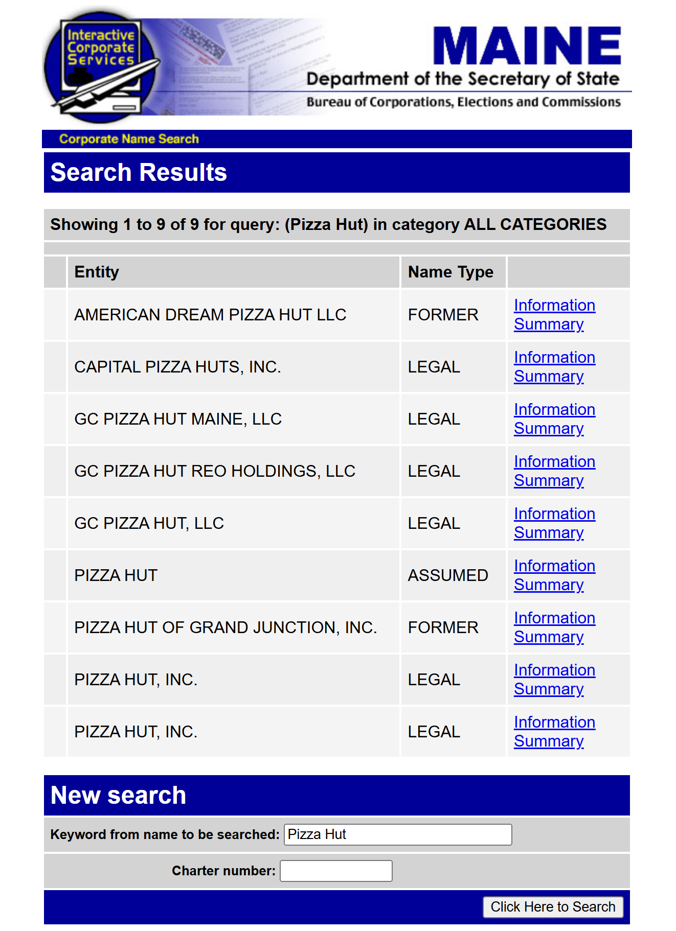 A screenshot of Maine's Department of the Secretary of State Interactive Corporate Services Portal