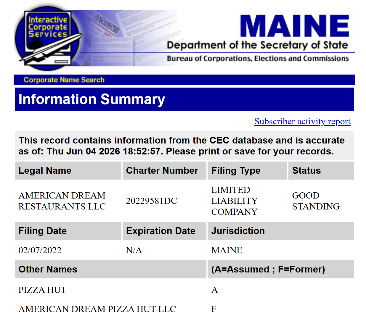 A screenshot of Maine's Department of the Secretary of State Interactive Corporate Services Portal