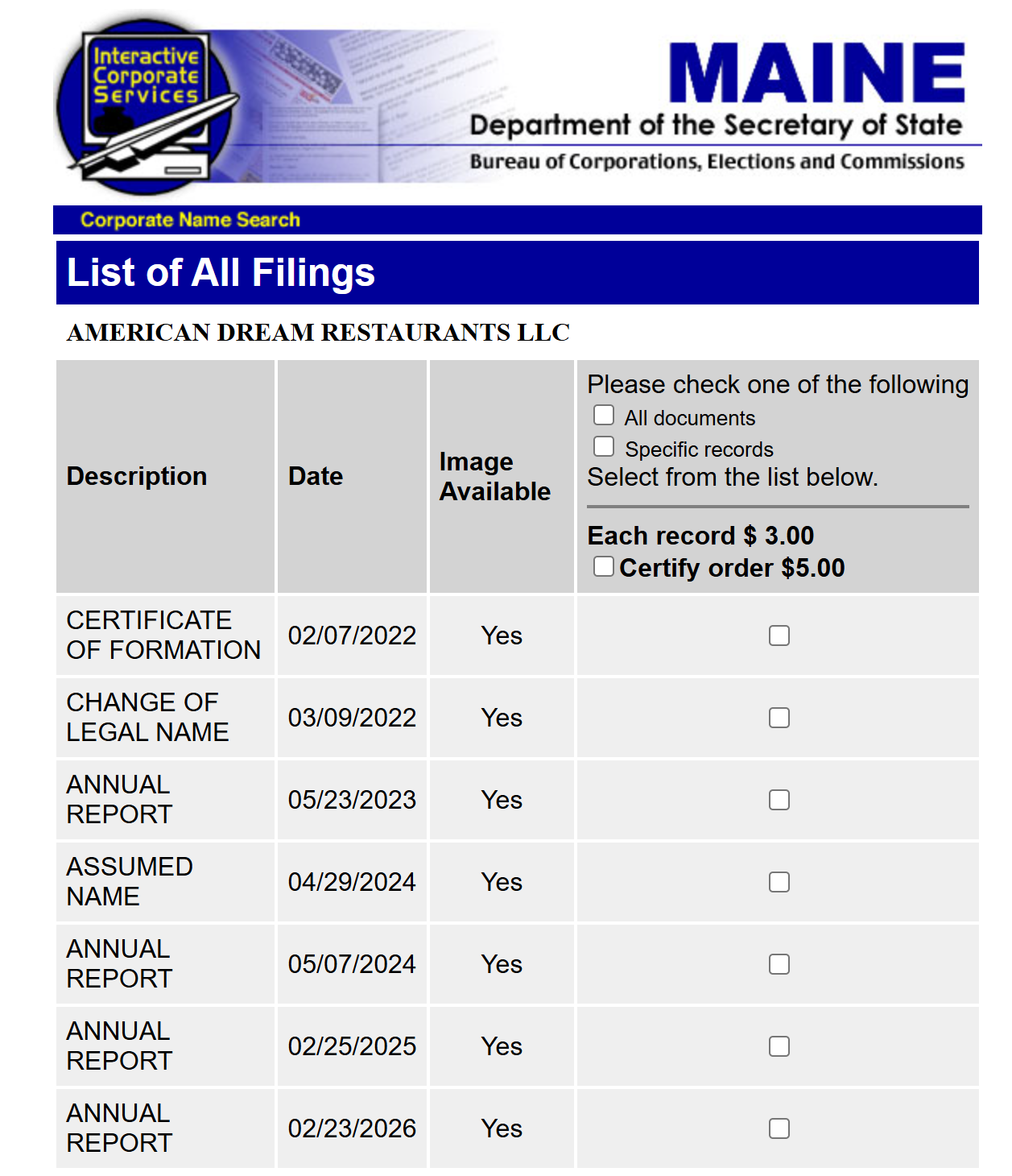 A screenshot of Maine's Department of the Secretary of State Interactive Corporate Services Portal