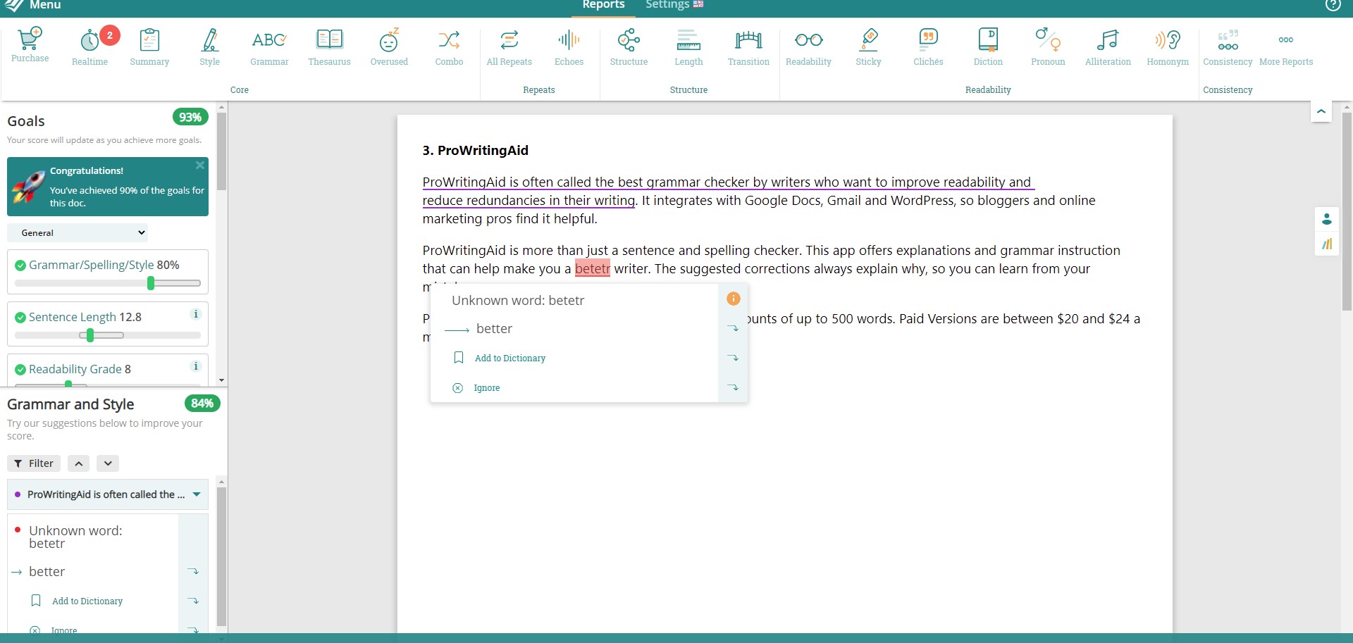 Copyediting software: ProWritingAid