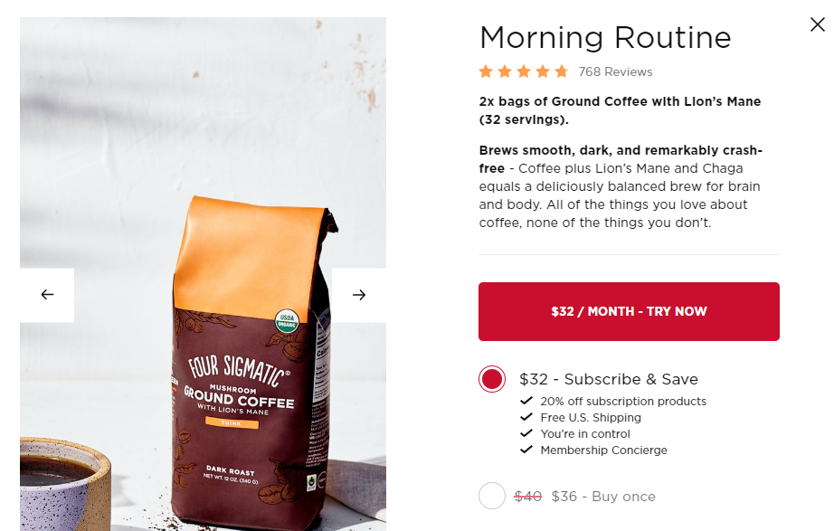Website interface showing the Monthly subscription button for Four Sigmatic mushroom coffee