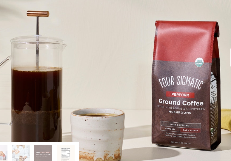 four sigmatic coffee brewed in French Press and a four sigmatic coffee pack