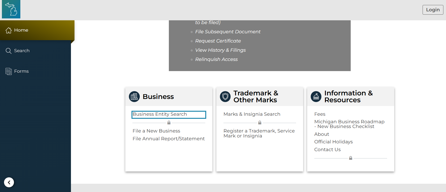 A screenshot of the MIBusiness Registry Portal  homepage. 