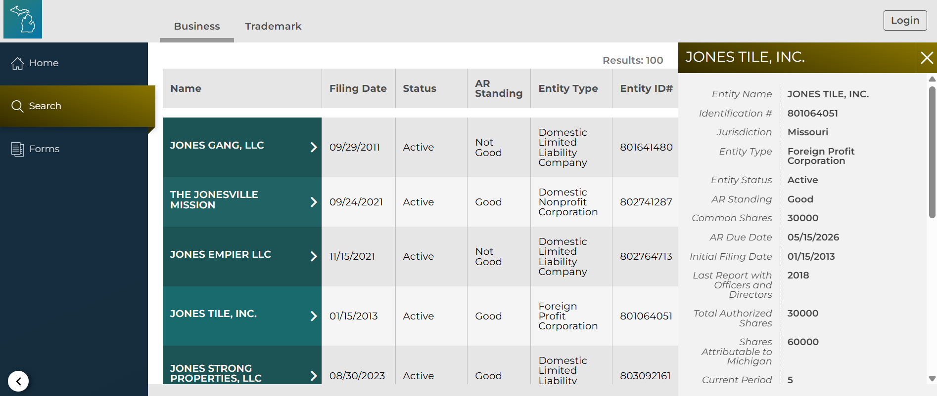 A screenshot of the MIBusiness Registry Portal results page after conducting a business search