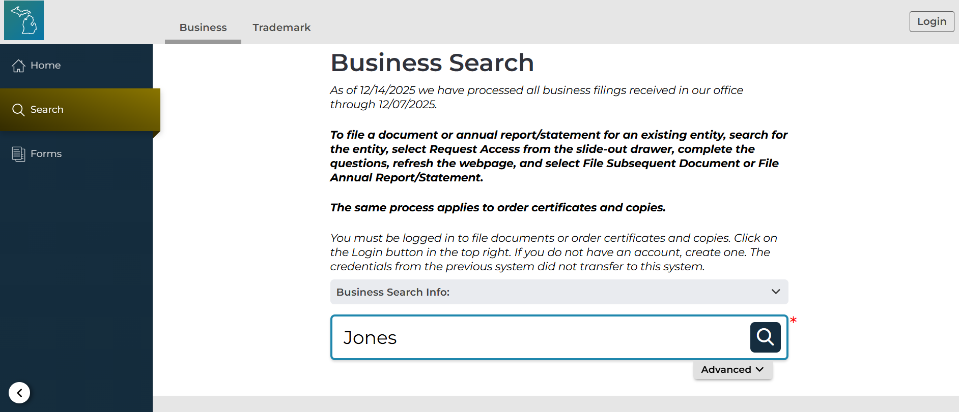 A screenshot of the MIBusiness Registry Portal business search page. 