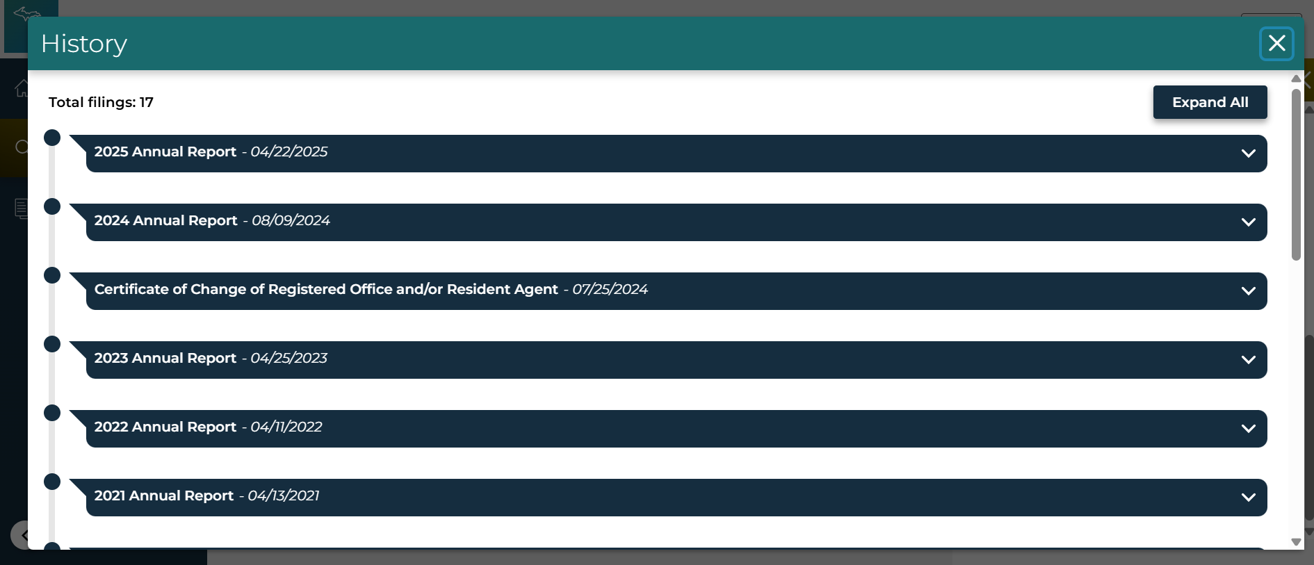 A screenshot of the MIBusiness Registry Portal business history webpage.